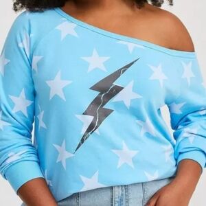 Torrid Blue Off-the-Shoulder Sweater with Star Print